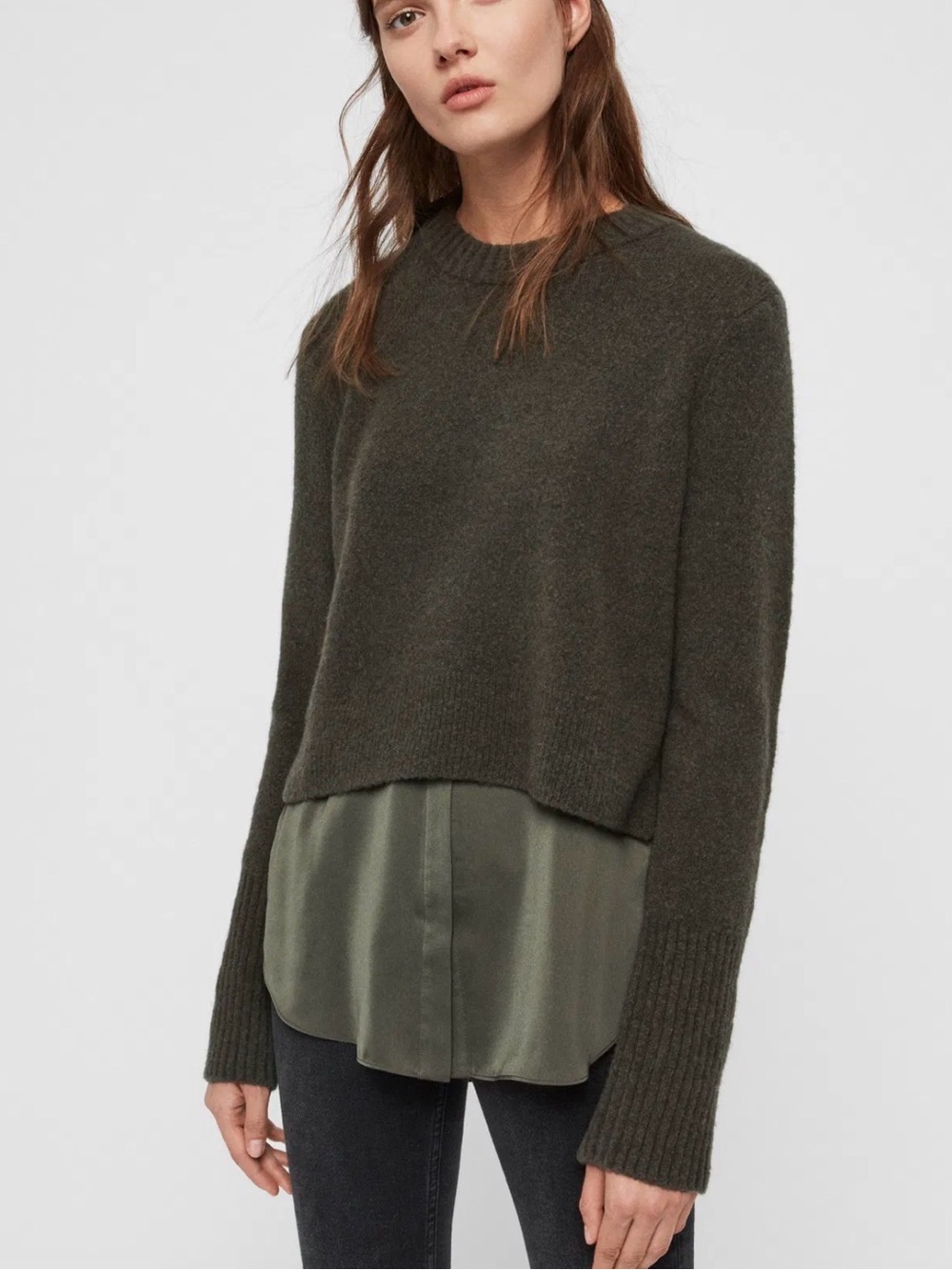 AllSaints Tierny Shirt Military Green Layered Knit Jumper Size Small
